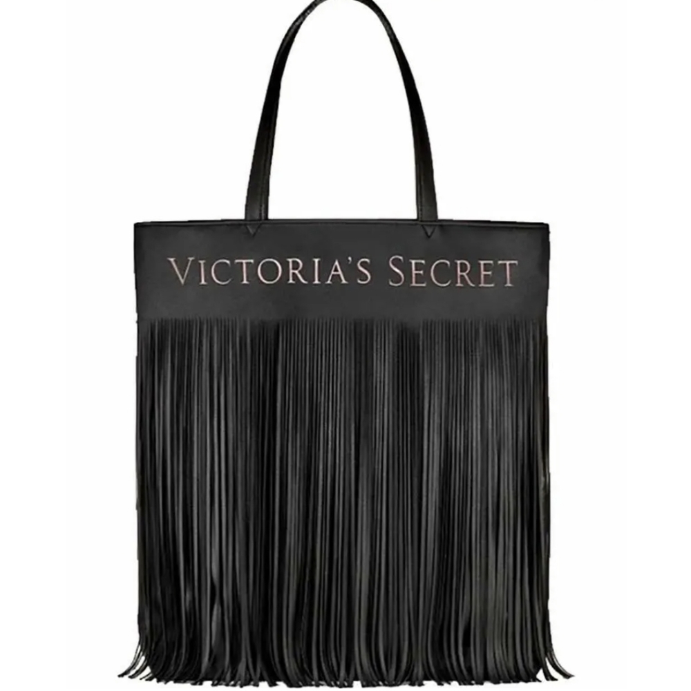 NWT $58 Victoria Secret black fringe large tote - Picture 2 of 16